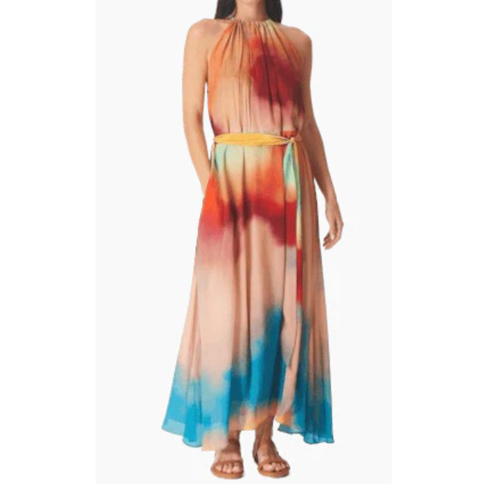 Gilner Farrar Talia Abstract Tie Dye Halter Maxi Dress Blue Lagoon Print XS